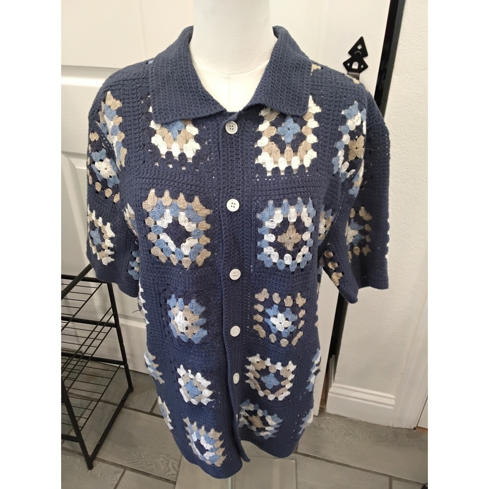 Massive Luxury Edition Blue Granny‎ Square Crochet Button Down Shirt Small